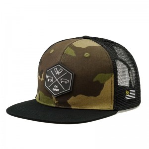 Wholesale Customized Hip Hop Camo Snapback Mesh Embroidered Patch Logo Custom 6 Panel Flat Brim Trucker Cap And Hat