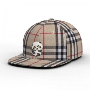 Wholesales High Quality Custom Color Carton Panda Checked Hat Plaid Flat Brim Snapback Cap