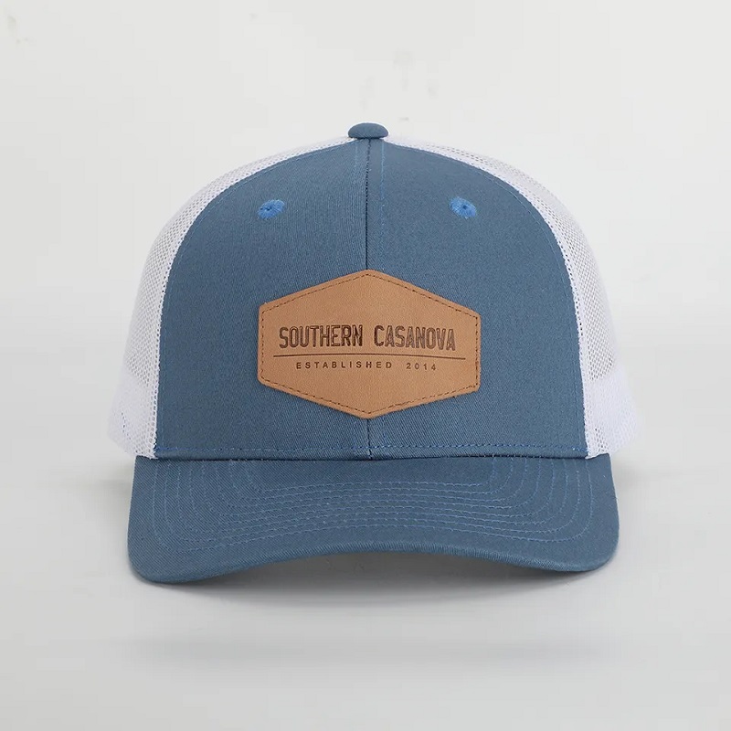 Custom High Quality 6 Panel Richardson 112 Cap Style Cotton Structured Mesh Trucker Hat With Leather Patch