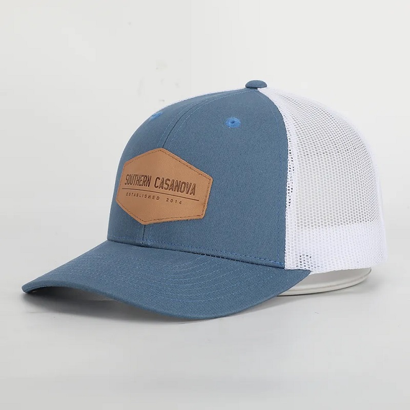 Custom High Quality 6 Panel Richardson 112 Cap Style Cotton Structured Mesh Trucker Hat With Leather Patch