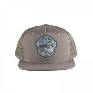 Fashion Popular Flat Brim Mesh Hat Gray Embroidery Patch 5 Panel Plastic Snapback Trucker Cap And Hat